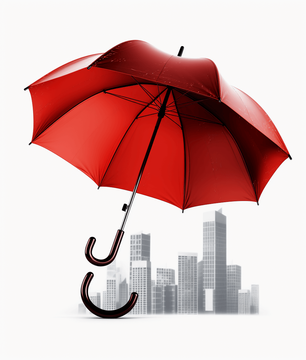 Red umbrella open on white background with cityscape silhouette, symbolizing protection and safety in urban environments.