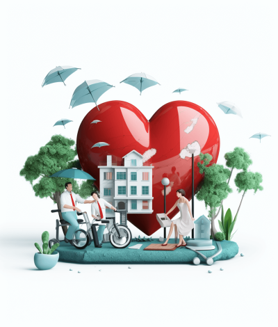 3D illustration of a red heart shape with a building and people. One man on a bike wearing a white shirt is holding an umbrella in his hand near the house. Another woman has a washing machine next to her. Green trees are around them against a white background. The illustration is high resolution and very detailed, in the digital art style.