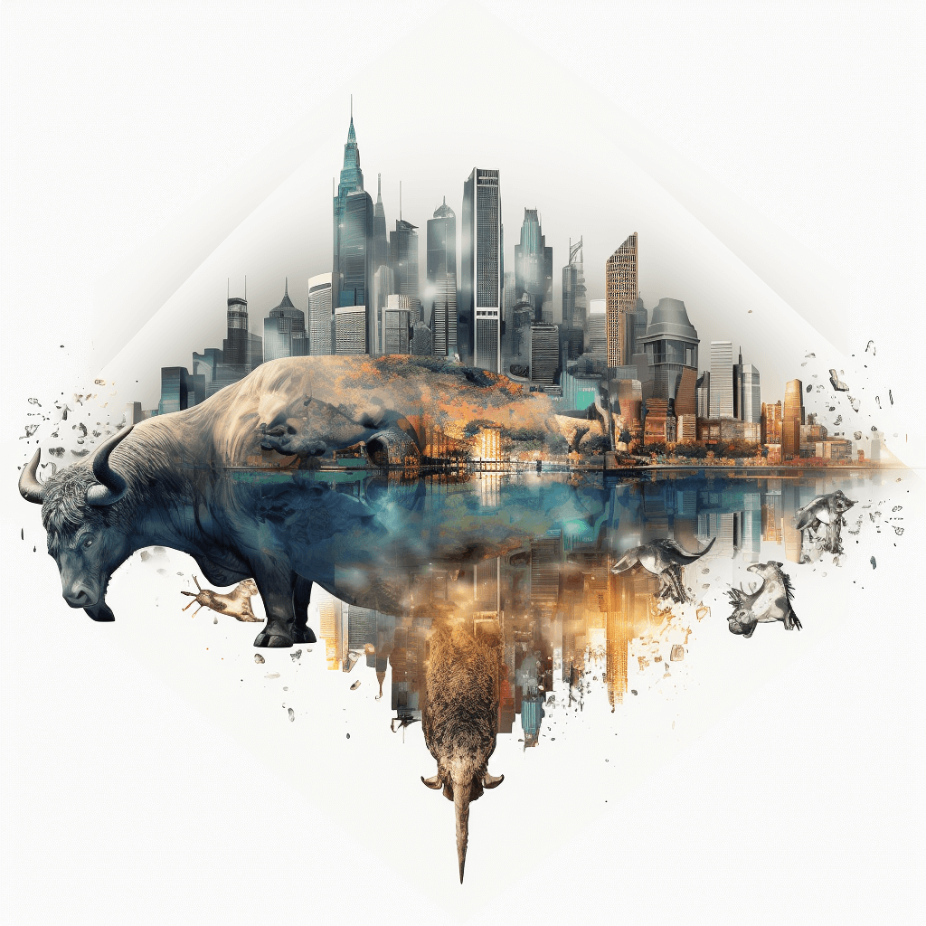 double exposure of the skyline of New York City with an African buffalo and other animals, digital art style, white background, hyper realistic illustration, symmetrical composition, detailed illustration, fantasy artwork, concept art design sheet, fantasy world, fantasy cityscape, watercolor splashes, double exposure, high resolution, high contrast, high detail, 3D rendering, cinematic lighting, sharp focus, hyperrealistic, octane render, unreal engine 5, octanerender