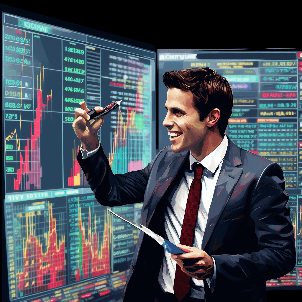 Illustration of an attractive young business man smiling and holding up a pen to a digital screen displaying stock market charts, against a dark background, in an office environment resembling a stock exchange, rendered in a photorealistic, highly detailed style reminiscent of a photograph.