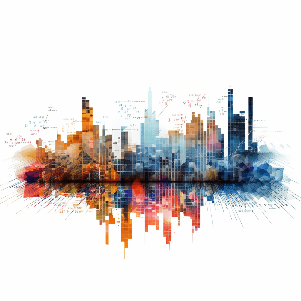 A digital cityscape made of data points and graphs on a white background, in the style of a vector illustration and watercolor with bright colors, as a high resolution professional photograph on an isolated white background in the style of ultra realistic photography.