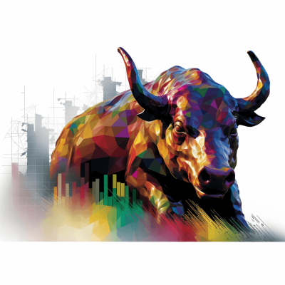 A colorful, stylized bull with sharp horns and piercing eyes stands against the backdrop of an urban skyline, its body adorned in vibrant geometric patterns that resemble stock market charts. The white background accentuates every detail, creating a striking contrast between the dark silhouette of buildings and the bright colors on its skin. This illustration symbolizes strength and dynamic energy as well as financial diversity. The illustration is in the style of focus stacking and watercolor, with a white background.