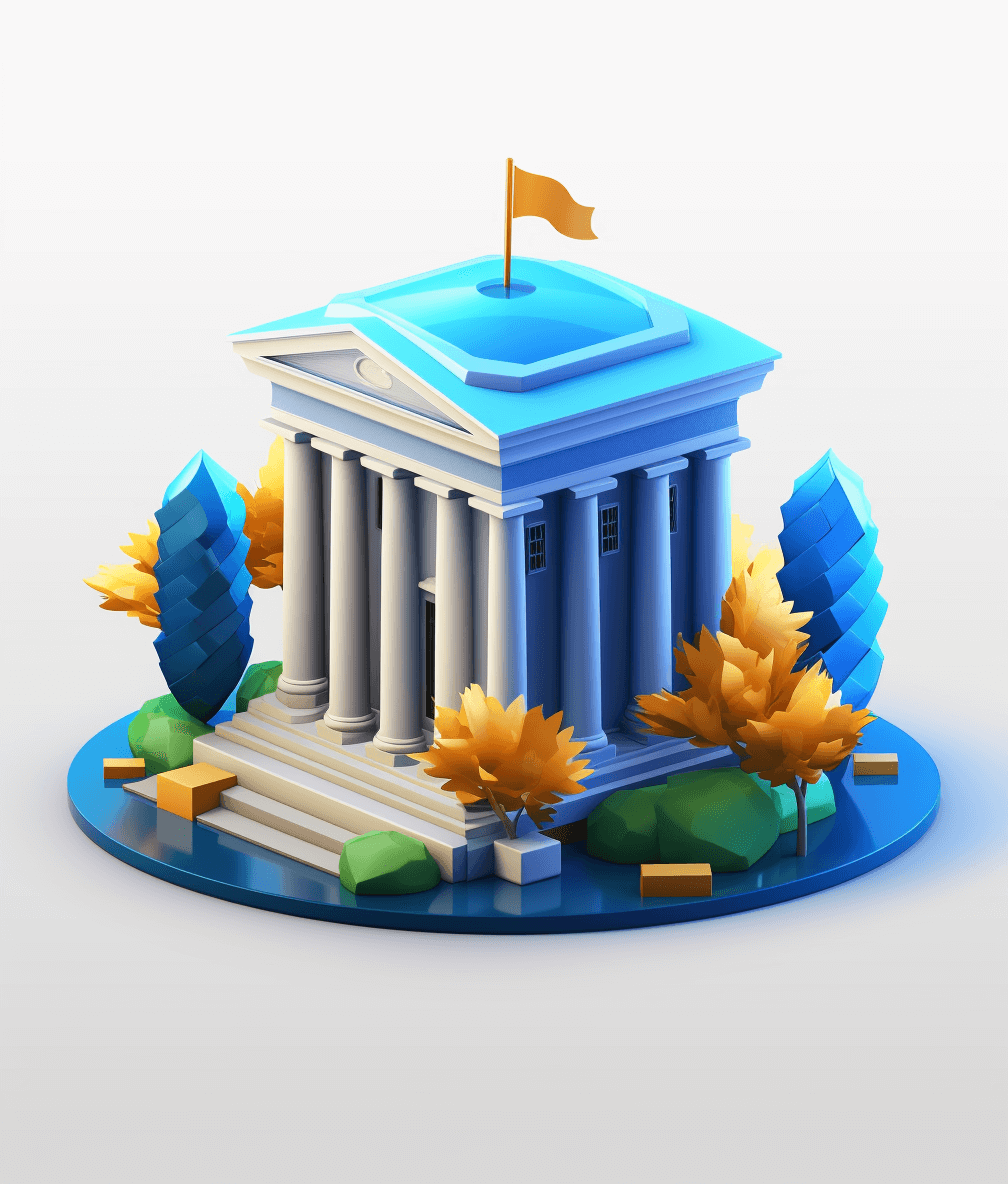 3D isometric icon illustration of a blue and white Greek style bank building with a flag on top, surrounded by trees with yellow leaves. The design is simple with simple shapes, simple colors, rounded edges, and a white background. The 45 degree angle view shows an isolated building from the ground. It is mostly greyscale with some colored elements and has a cute, adorable style. This could be used as a game art asset ready for a game engine like Unreal, with the style of a greyscale image with colored details.