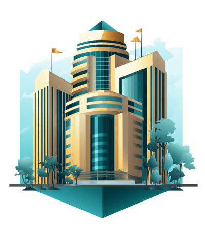 Flat vector illustration of an office building in the style of modern architecture with gold and teal colors on a white background. The simple design has a 2D style and professional look suitable for architectural concept art or a corporate logo. The high resolution image provides clear details and sharp focus with professional color grading and no shadows. Intricate details are included.