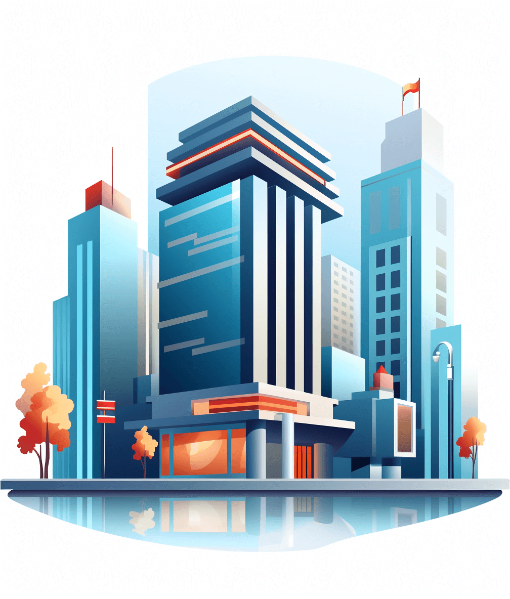 A vector illustration of modern city buildings with blue and orange colors, simple flat design clip art in the style of [James Gilleard](https://goo.gl/search?artist%20James%20Gilleard) and [Paul Catherall](https://goo.gl/search?artist%20Paul%20Catherall), harsh lighting, featuring architectural elements like skyscrapers or towers with influences from the Ashcan School and [Tomer Hanuka](https://goo.gl/search?artist%20Tomer%20Hanuka), cityscape background, sleek lines and shapes with a glossy finish on all surfaces, white sky background, simple flat cartoonish designs with no text or shadows and a white border.