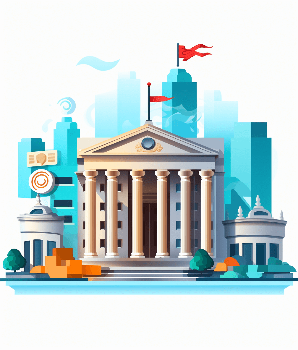 Flat vector illustration of an old bank building with columns and a flag on top, surrounded by modern buildings in light blue tones against a cityscape background. The illustration is high resolution with no text or letters on a white background using bright colors and clear lines in a minimalistic and flat style. The old bank building is depicted in the style of modern buildings.