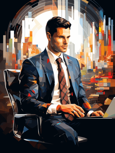 A handsome businessman in his late thirties with brown hair and dark eyes, wearing a suit, sits on an office chair working on a laptop computer. The background depicts a cityscape. In the style of cubism.