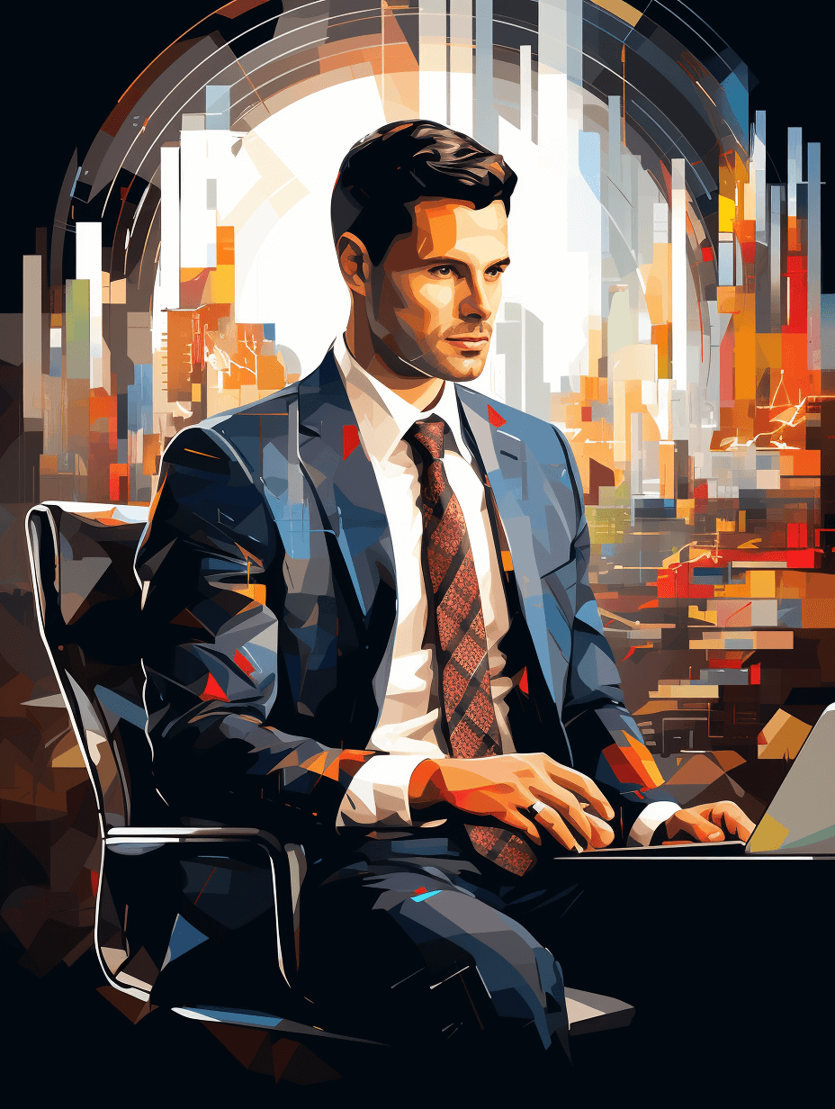 A handsome businessman in his late thirties with brown hair and dark eyes, wearing a suit, sits on an office chair working on a laptop computer. The background depicts a cityscape. In the style of cubism.