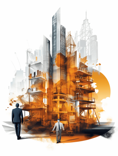 Illustration of a construction site with two men in suits, one standing and looking at the building while another man walks away from it. The background features abstract shapes representing a cityscape with a white background and orange color palette in the style of an industrial style. The illustration is high resolution and highly detailed.