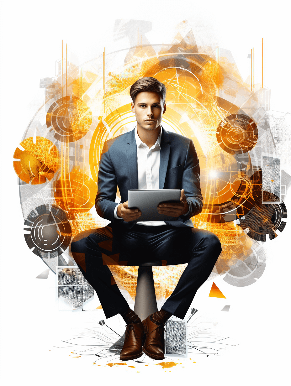 Illustration of a handsome young man in a suit sitting on a chair holding a tablet, surrounded by digital elements and gears in a white background with orange color accents. A full body portrait in the style of [Artgerm](https://goo.gl/search?artist%20Artgerm).