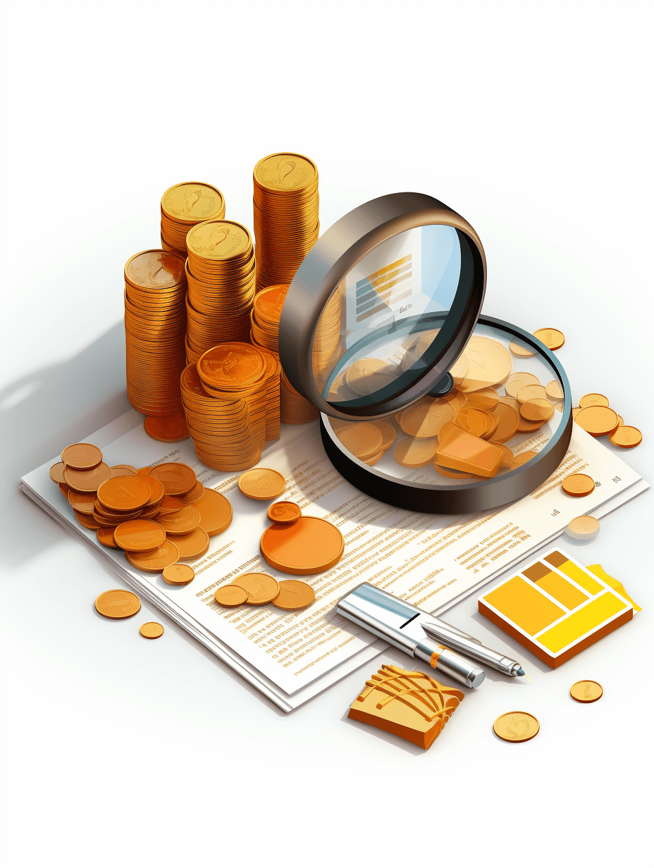 A magnifying glass over coins and documents, representing financial housing with an orange color palette on a white background. The scene includes stacks of golden coins, paper, a pen for signature, all elements placed in the front view as a flat design illustration at a 45 degree angle with no shadows and high resolution detail. The style is hyper realistic and super detailed.