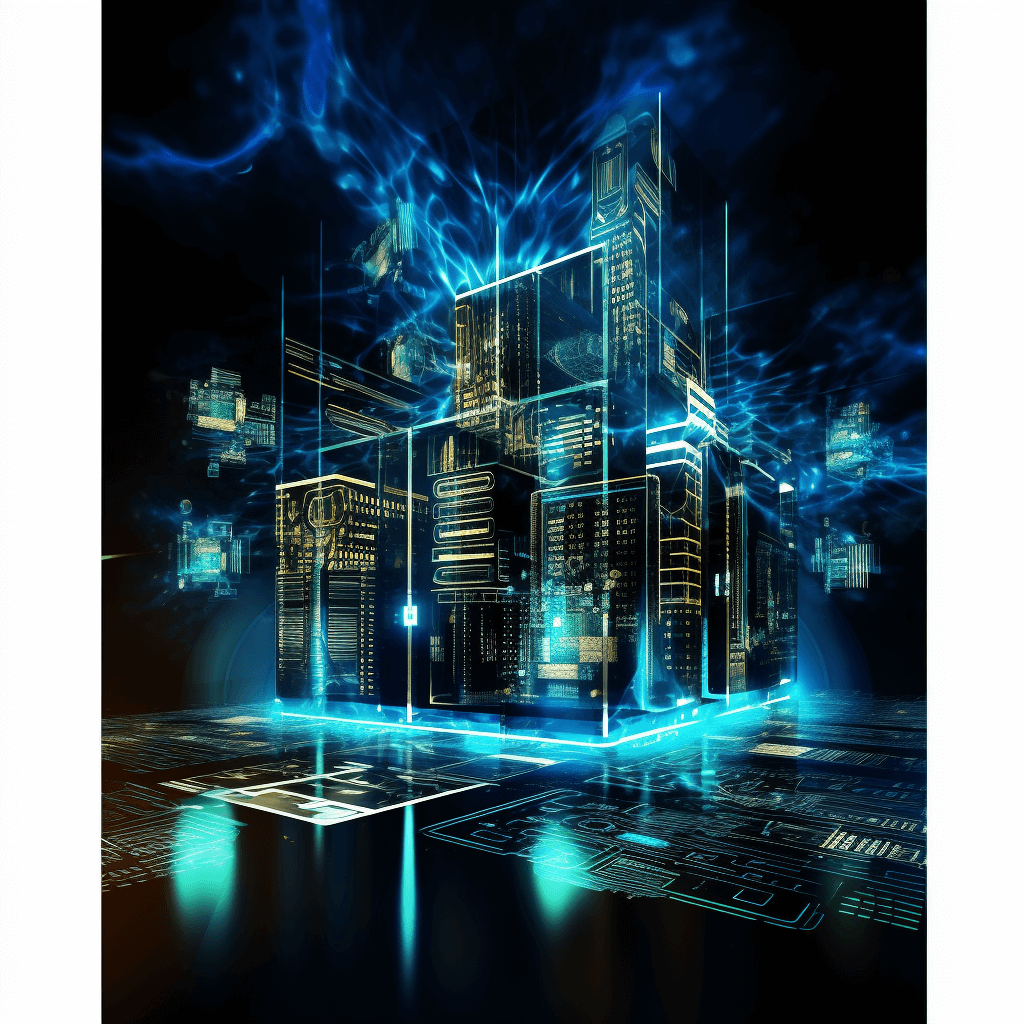 Digital cityscape with holographic buildings and glowing data streams, representing the future of urban technology. A modern office building in shades of blue and black is at its center. In front of it stands an abstract representation of digital elements like circuit boards or computer chips floating above the ground. The background has dark tones to highlight the futuristic theme. This artwork symbolizes innovation, technological progress, smart cities, in the style of cyberpunk.