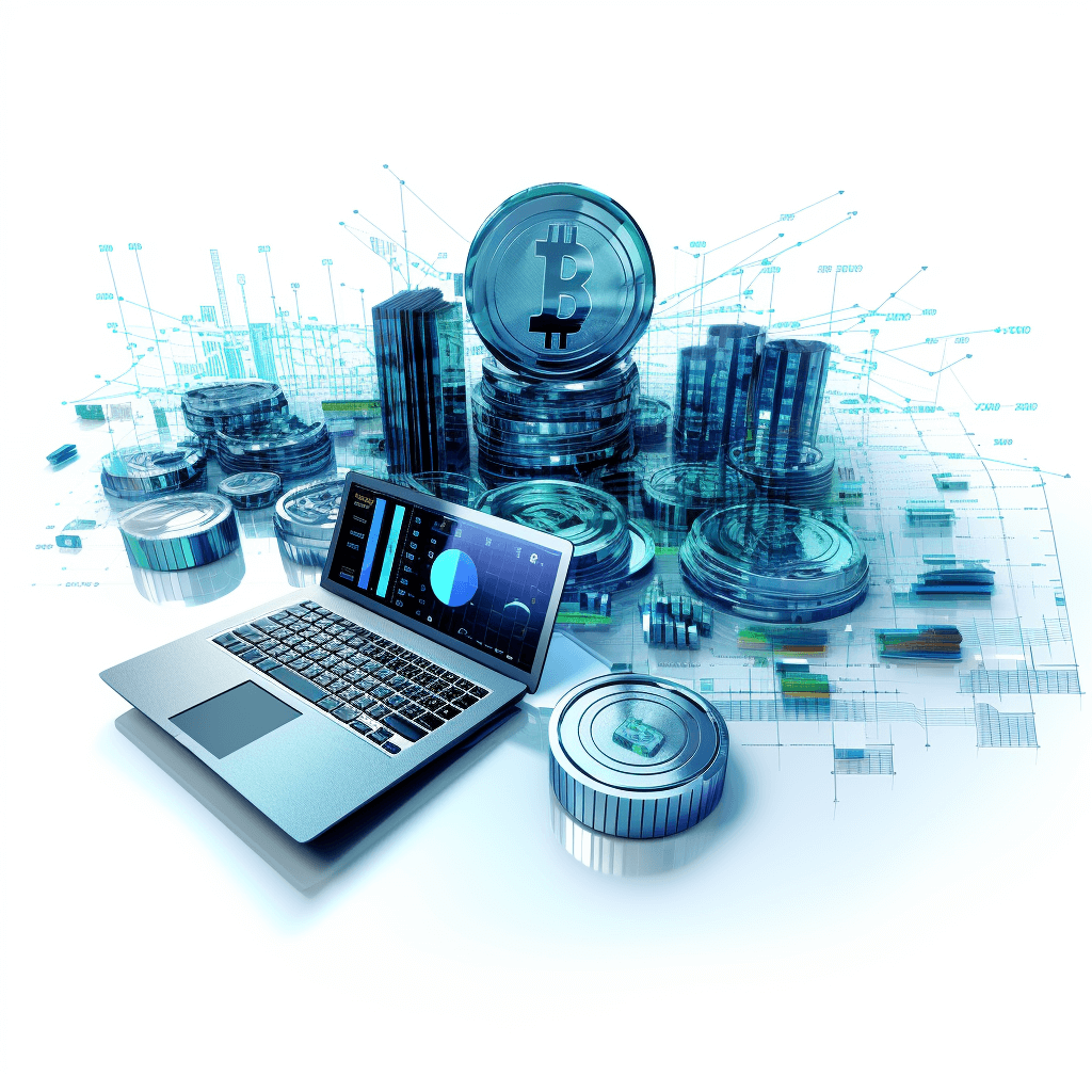 3d illustration of digital financial elements with laptop, coins and graphs on white background, high resolution