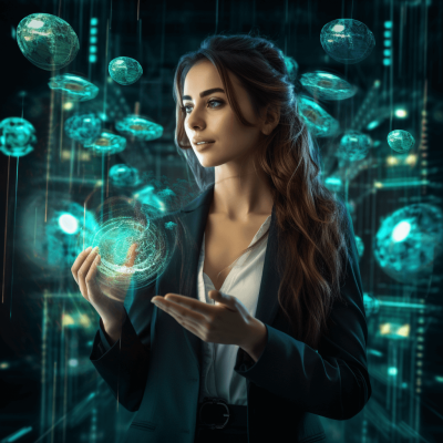 A beautiful woman in business attire stands with her hands outstretched, holding glowing holographic spheres floating around them. The dark and futuristic background is filled with metallic structures and digital data streams, creating an atmosphere of advanced technology and innovation. The focus is on the girl's face, showing confidence and curiosity through high resolution photography.