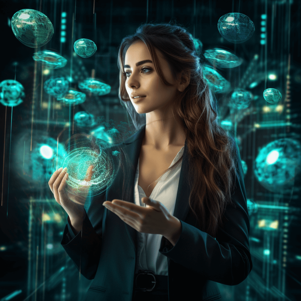 A beautiful woman in business attire stands with her hands outstretched, holding glowing holographic spheres floating around them. The dark and futuristic background is filled with metallic structures and digital data streams, creating an atmosphere of advanced technology and innovation. The focus is on the girl’s face, showing confidence and curiosity through high resolution photography.