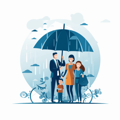 Family under an umbrella, vector illustration with white background, simple design and flat style, created in the style of a professional graphic designer, vector graphics in high resolution, with professional color grading, in the style of professional photography