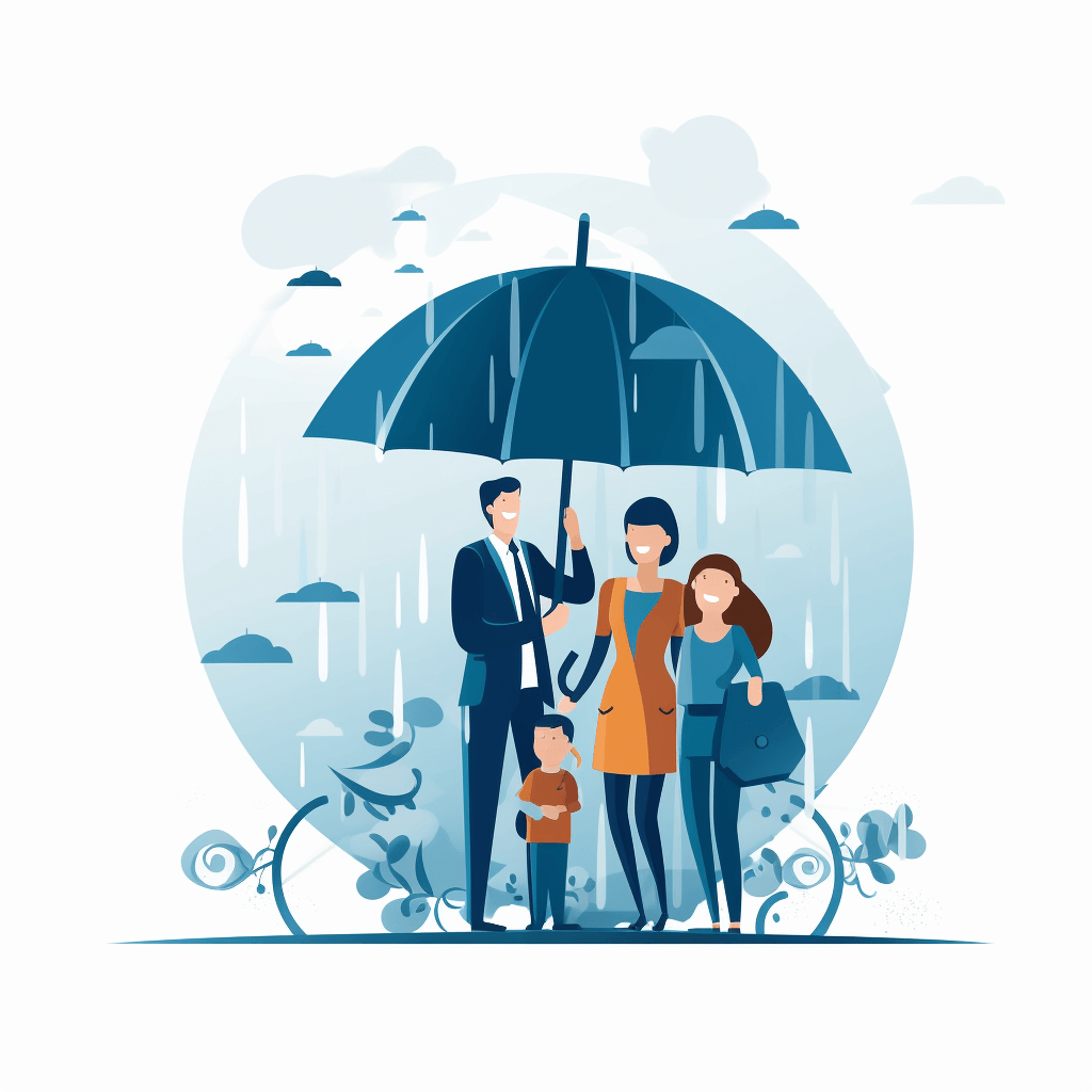 Family under an umbrella, vector illustration with white background, simple design and flat style, created in the style of a professional graphic designer, vector graphics in high resolution, with professional color grading, in the style of professional photography