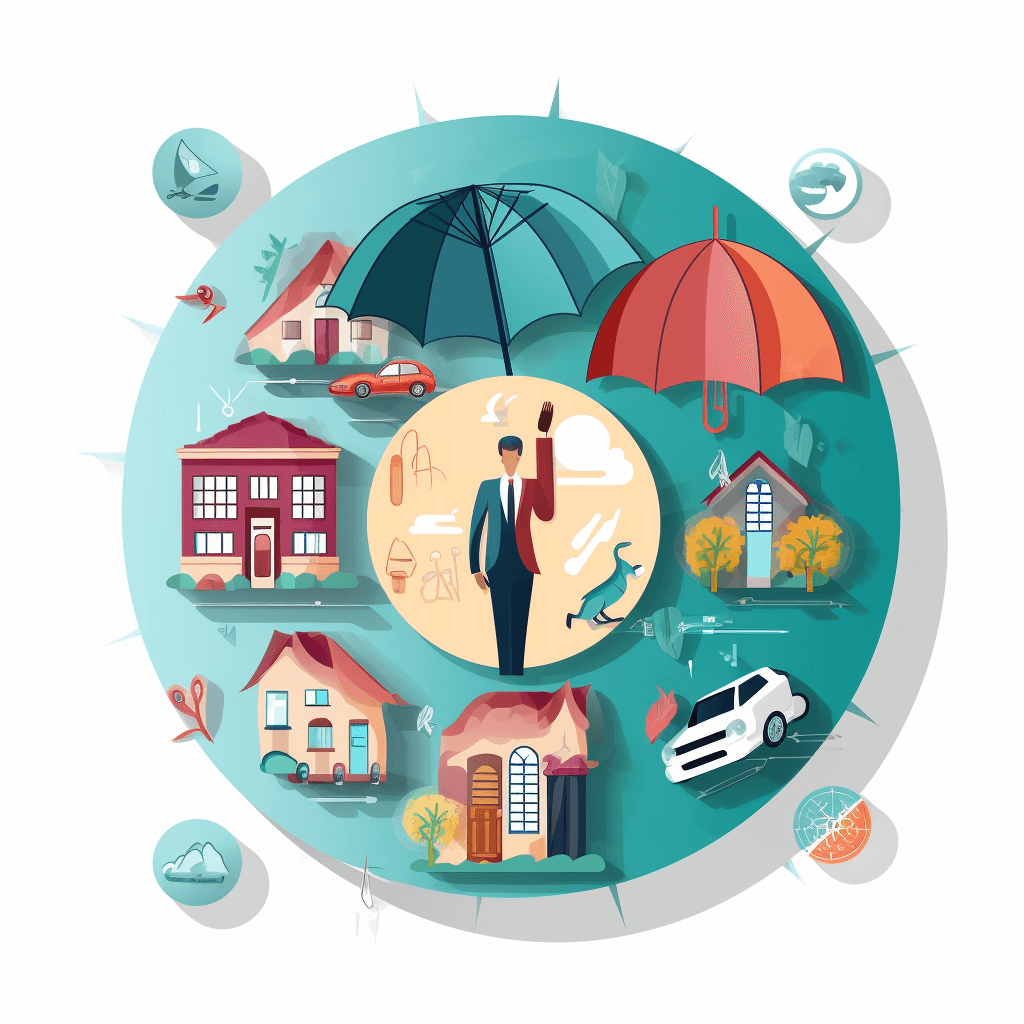 An icon featuring an illustration of various elements like houses, cars and people surrounded by circular icons representing insurance cover spaces around them with one large umbrella in the center symbolizing protection. The businessman holding up his hand is depicted as part of these icons, emphasizing their connection to him. Vector graphics, flat design, colorful. Isolated on white background.