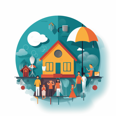 Flat design vector illustration of people in front of a house, depicting a family concept with an umbrella and a home icon, in the style of a web banner template design. Conceptual background on a life circle shape.