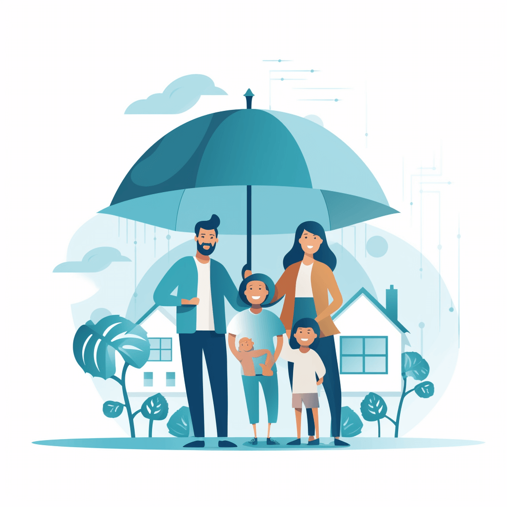 Family under an umbrella, with home and family concept on white background flat vector illustration design. Family protection or life insurance, building house standing together for security in the future, protective banner with text space. . Vector Illustration. , cartoon style, simple shapes, cute colors, white solid color background