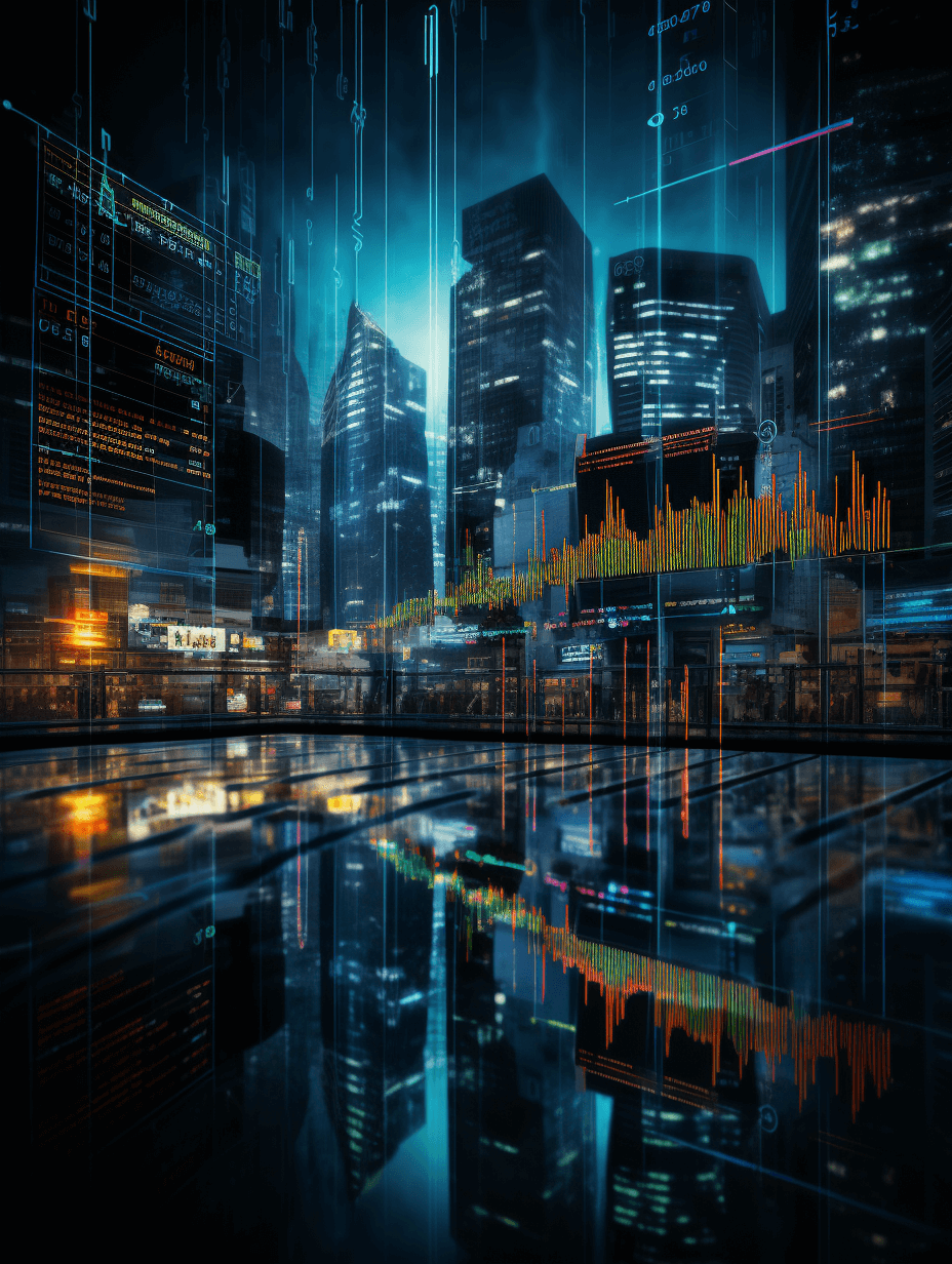 A futuristic cityscape with digital stock market charts and financial data, representing the integration of AI in real-time global fin tech trading on a dark background, with a reflection of buildings in the water surface. A high-tech vibe, holographic graphs, night scene.