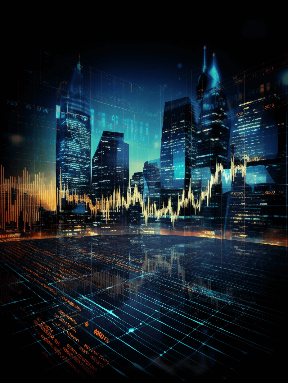 A stock market graph and financial data overlaying an urban skyline at night, symbolizing the global interconnectedness of cityscapes. The background features digital connections with glowing lines, representing technology in the style of business photography. High resolution and photo realistic.