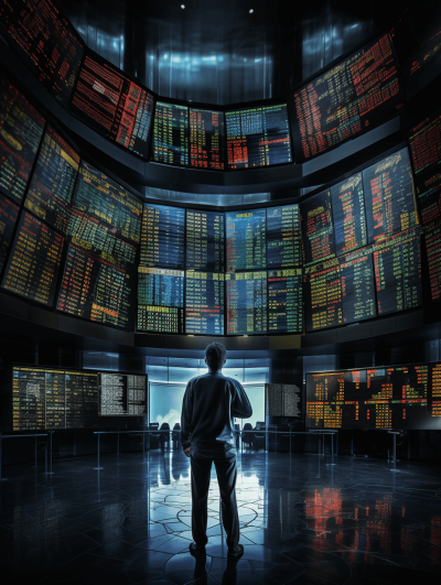 A man standing in front of an array of digital stock market charts, surrounded by large screens displaying real-time financial data, capturing the dynamic and fast-paced nature of trading on Wall Street. The concept art displays hyper realistic and hyper detailed stock photography with dramatic lighting and color against a dark background, captured with a wide angle lens in a wide shot and wide view.