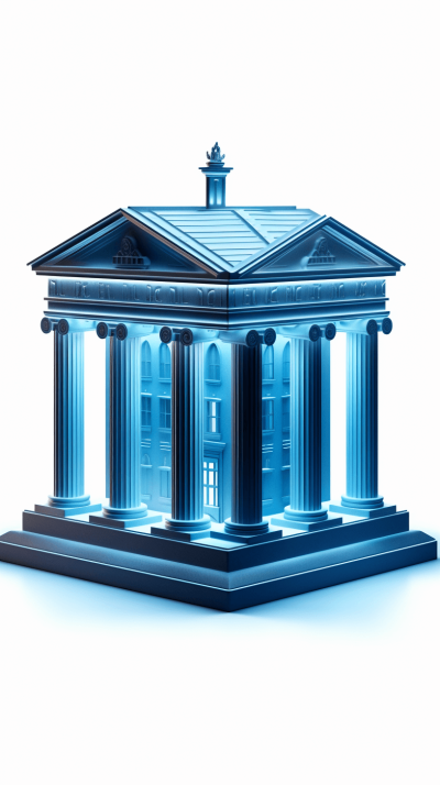 A bank building with blue glowing columns, 3d icon style, white background, high resolution, high quality, high detail, high contrast, professional photography, professional lighting, soft shadows, no grainy textures, no blur effects, no halation, no dust particles, no reflections