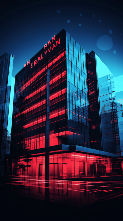 A modern office building with red lights and the text "GENERAL HYNAN" on it, against a dark blue background, in the style of digital art.