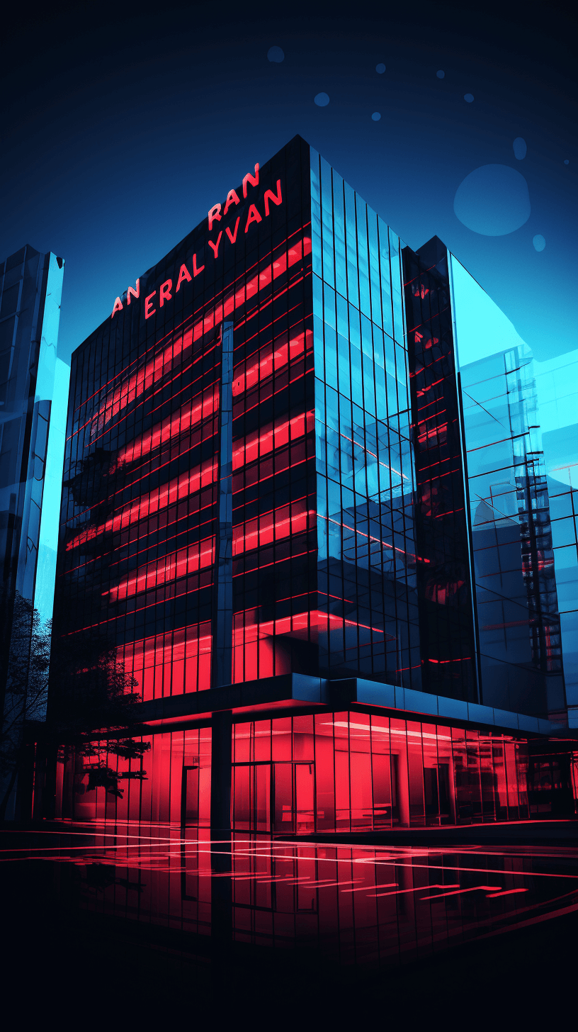 A modern office building with red lights and the text “GENERAL HYNAN” on it, against a dark blue background, in the style of digital art.