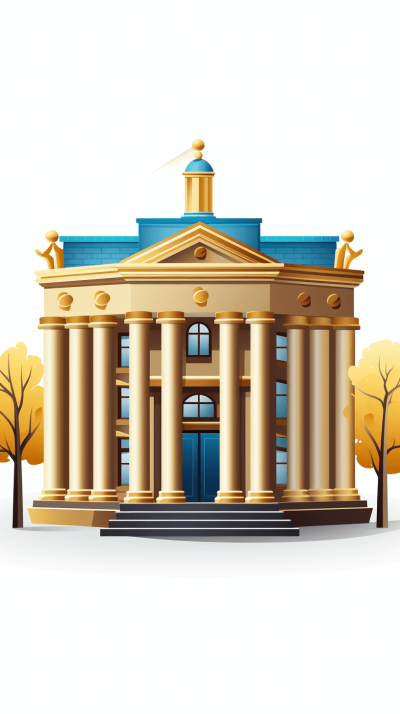 A bank building, simple flat illustration style, vector graphic logo design with white background and blue gold color scheme. The front of the classical architecture features columns on both sides, decorated with statues and totems. There is an entrance door at ground level, surrounded by trees in golden yellow.