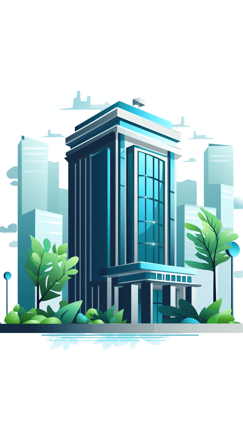 Flat vector illustration of an office building in the city, blue tones, simple shapes, white background, green trees around it, high resolution, high quality, high detail, hyper realistic, high definition, high resolution, sharp focus, no blur