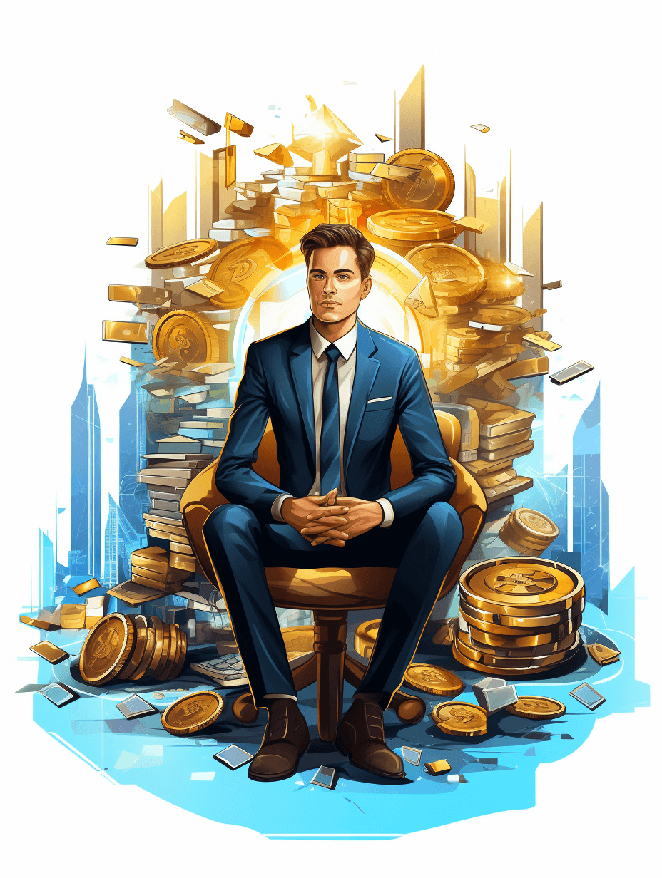 Illustration of an elegant man in a suit sitting on a throne made from gold coins, with a city background featuring skyscrapers and many golden ingots behind him, using a blue color palette on a white background, with high detail and sharp focus, like a studio photo, showing intricate details, in the style of a highly detailed artstation concept drawing for a fantasy game design.