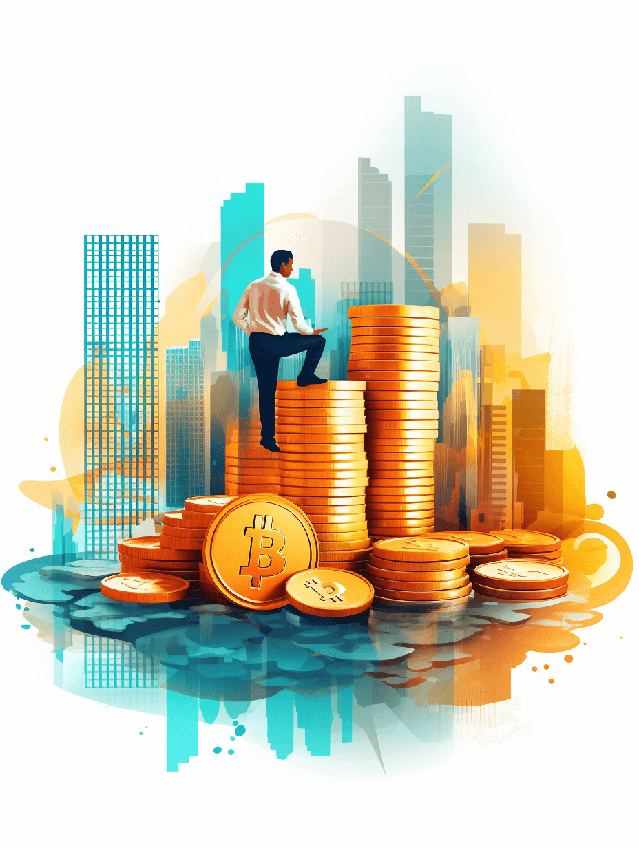 A man is sitting on top of large stacks of gold coins, with the city skyline in the background. The scene includes digital elements like an orange bitcoin symbol and blue geometric shapes, creating a futuristic urban atmosphere. The vector illustration has a white background with no shadows.