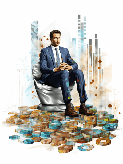 A digital illustration of an attractive young man sitting on a white chair, surrounded by many colorful coins and futuristic buildings in the background, with detailed facial features, in a dynamic pose, and vibrant colors against a white background at a high resolution.