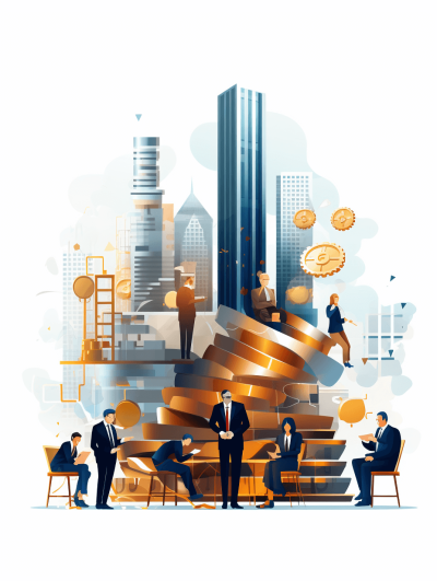 A group of business people sitting on large coins, standing near huge stacks and piles of gold bullions with office buildings in the background. The vector illustration is designed in the style of white backgrounds.