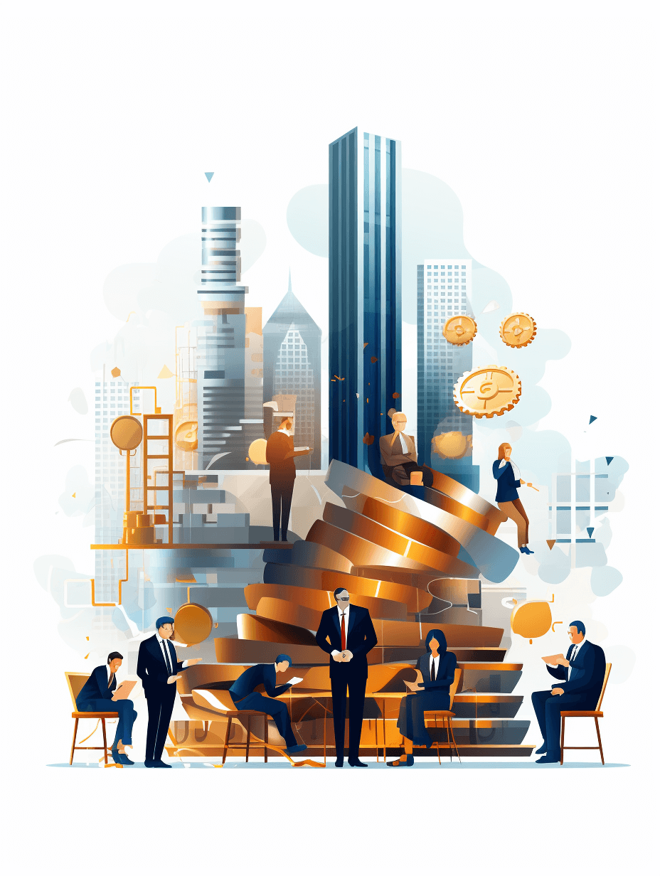 A group of business people sitting on large coins, standing near huge stacks and piles of gold bullions with office buildings in the background. The vector illustration is designed in the style of white backgrounds.