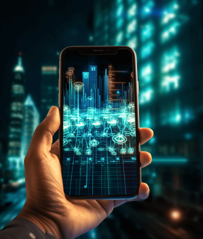 A hand holding an iPhone with the screen showing augmented reality data overlaying city buildings and cars, highlighting urban technology, with digital blue holographic lines representing energy flow through smart networks. The background is a blurred view of illuminated skyscrapers at night, symbolizing modernity in urban sustainable living. In the style of high resolution photography.