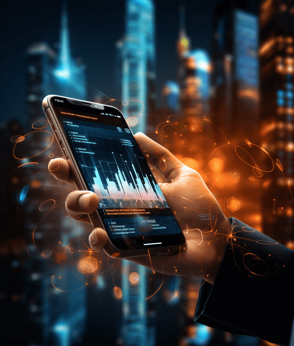 Hand holding mobile phone displaying financial data, futuristic cityscape background with glowing lights and skyscrapers visible on the screen, stock market charts visible, digital illustration style in the style of vibrant colors, high resolution stock photo quality.