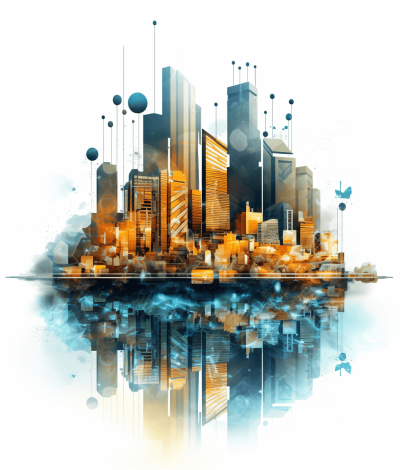 Futuristic digital cityscape with skyscrapers and buildings on a white background, this vector illustration depicts a floating urban landscape in space with a yellow and blue color scheme and futuristic design elements. The modern architecture is reflected on the surface of a lake, with high detail and a white background.