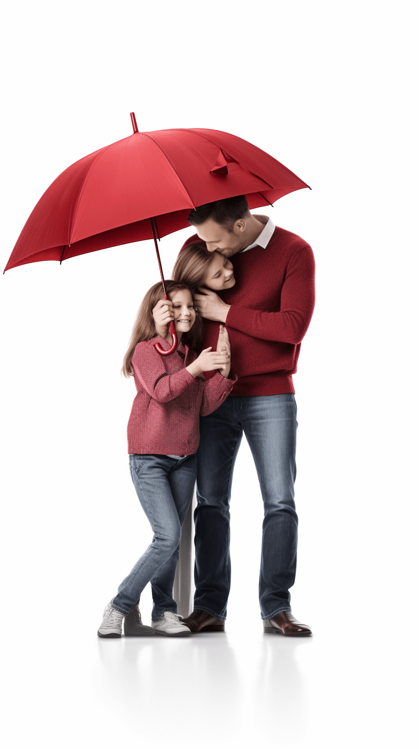 A happy family of three stands under an umbrella. The father holds up his daughter with one hand and covers her head from rain in a red sweater, while the mother wears jeans and stands nearby against a white background. It is a full body shot with studio lighting, high resolution photography, high quality photo in the style of hyper realistic art with detailed skin texture and high details.