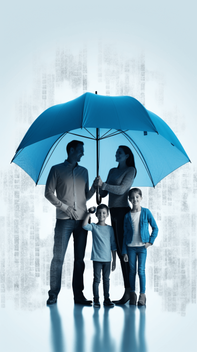 An advertising poster for life insurance with the theme of family protection and security, featuring three people standing under one blue umbrella on a white background. The scene includes two parents holding hands while their son stands between them in the front view. They appear to be looking towards the camera, creating depth. In the style of urban cityscape background with buildings. Use a soft color palette of light grey and dark navy blue. It is a high resolution, detailed, and realistic image.