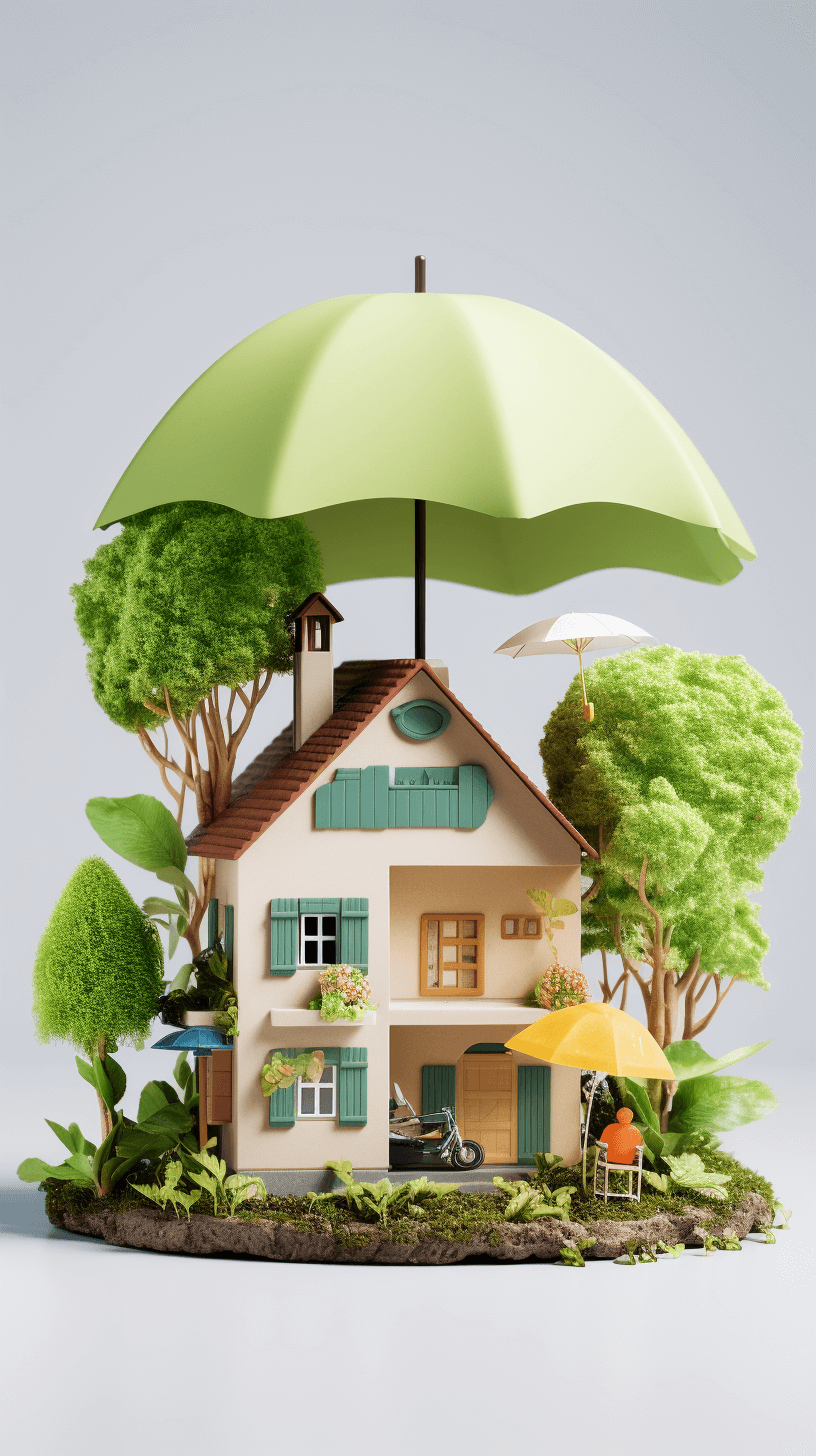 A miniature house with an umbrella, surrounded by trees and plants, stands on the ground. The entire scene is presented in the style of C4D, presenting a three-dimensional effect through clay material rendering. This is an advertising poster for home insurance, showcasing modern design elements. A green color scheme adds vitality to the overall atmosphere. High resolution, professional photography captures intricate details of each element.