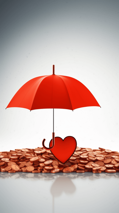 A red heart shape is under an umbrella on top of copper coins, against a white background, in a detailed photo, rendered in 3D, with a simple composition, at high resolution, of high quality, with high details, in sharp focus, with studio lighting, shot from the side with a wide angle lens, shown from the front view as a full body shot, with a closeup.