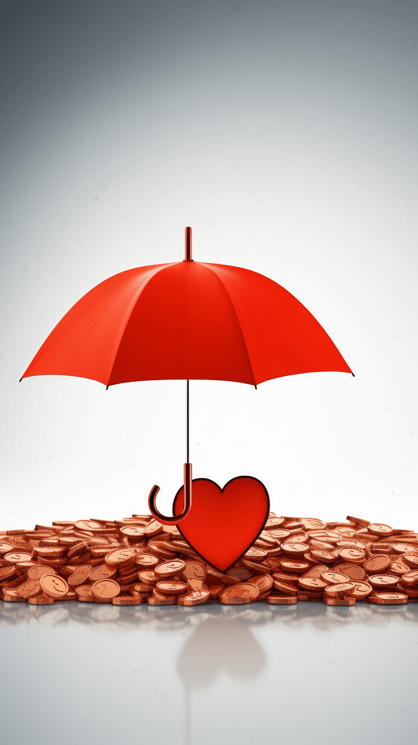 A red heart shape is under an umbrella on top of copper coins, against a white background, in a detailed photo, rendered in 3D, with a simple composition, at high resolution, of high quality, with high details, in sharp focus, with studio lighting, shot from the side with a wide angle lens, shown from the front view as a full body shot, with a closeup.