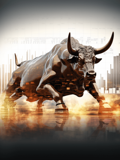 modern wallpaper, the bronze bull in motion with a stock market chart background, in the style of realistic photography, an orange and gold color gradient, cinematic lighting, a white background, digital art, high resolution