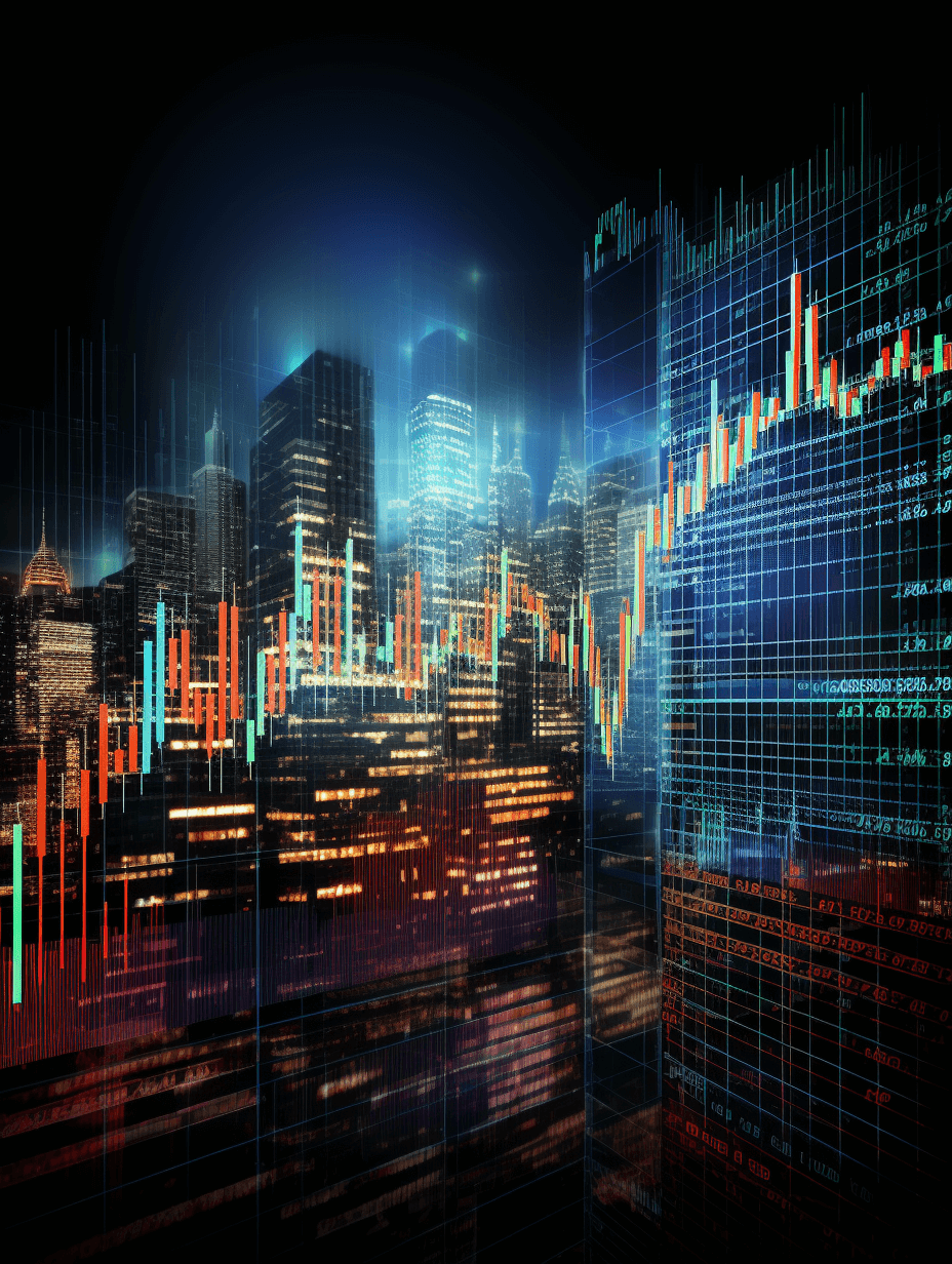 stock market chart with city background, stock candlestick charts going up, blue and orange colors, digital style, high resolution, dark theme, city skyline in the background, stock trading concept