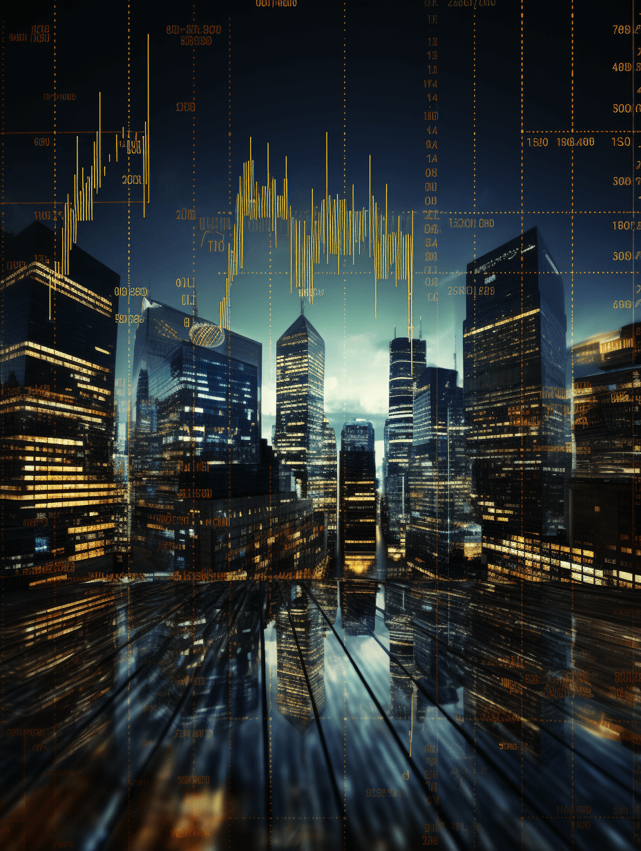 digital stock market background with financial charts and cityscape at night, stock trading concept, business, graphics and elements for graphic design on white background, double exposure photography, light amber and gold style, hyperrealistic details, golden age aesthetics, dark reflections, glowing lights, stock photo