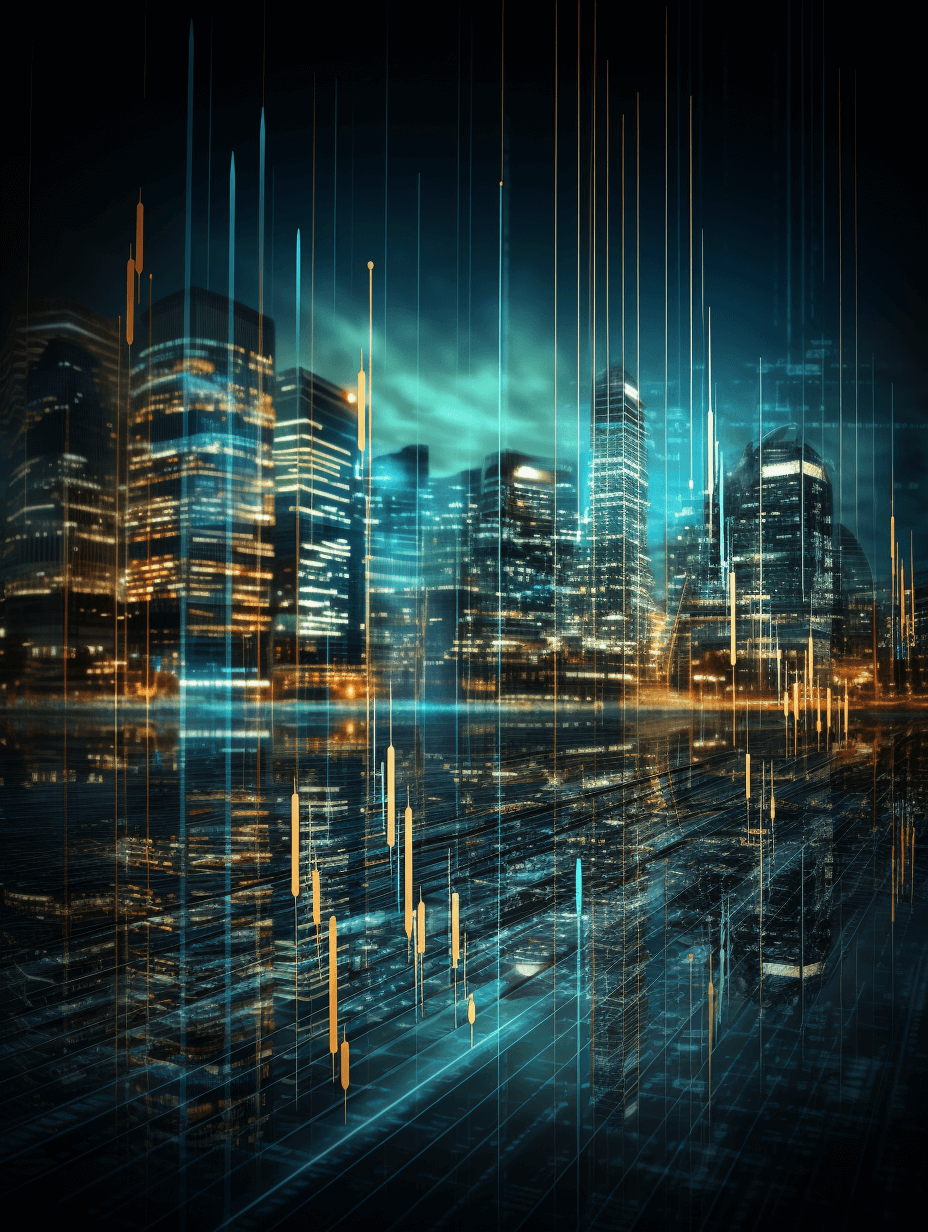 digital cityscape with glowing lines and buildings at night, background of dark blue sky with reflections on the water surface, stock market chart going up in a graph shape, illuminated skyscrapers, stock charts rising upwards, modern urban setting, in the style of cyberpunk.