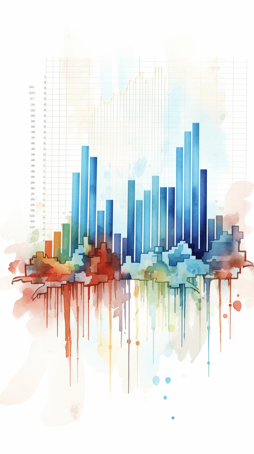 Watercolor graph with bar lines and a city skyline on a white background, a detailed illustration, a high resolution professional photograph. The ultrahigh resolution details of the watercolor painting show every detail clearly, a colorful cityscape, a light blue bar chart, bright colors, a perfect composition, an illustration in the style of water color, water drops, a white background, very sharp focus, a hyperdetailed illustration, a watercolour illustration, a PNG with a white background, high definition vector art, a colorful clipart, clip artwork in the style of watercolor, best quality, high resolution.